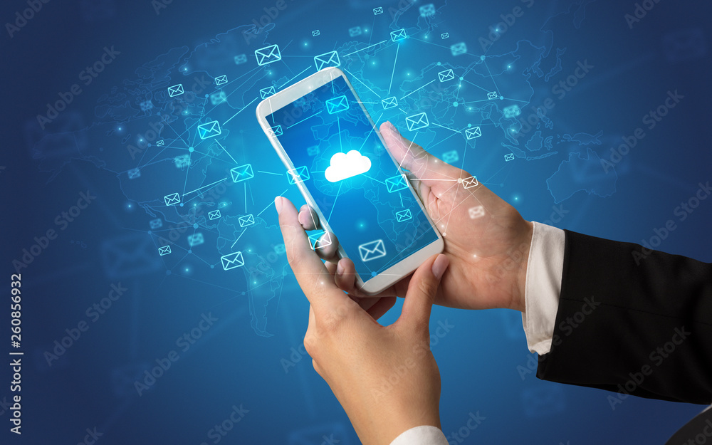 Poster female hand using smartphone with cloud, message and global concept