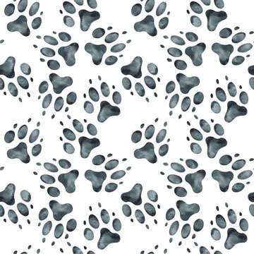 Seamless pattern of dog footprint. Watercolor illustration.