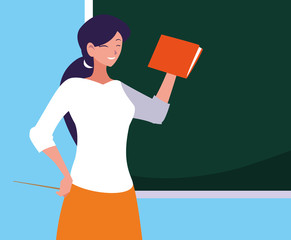 teacher female with chalkboard and book