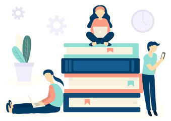 Online education concept for web design. People sitting on books and learning with different devices - laptops and mobile phone. Flat style vector illustration