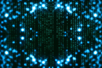 Blue green matrix digital background. Abstract cyberspace concept. Green characters fall down. Matrix from symbols stream. Virtual reality design. Complex algorithm data hacking. Cyan digital sparks.