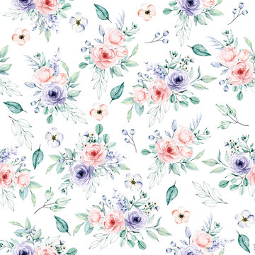 Seamless background, floral repeat pattern with watercolor flowers and leaf. Fabric wallpaper print texture. Hand painting vintage design perfectly for wrapping paper, backdrop, frame or border.