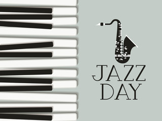 jazz day poster with piano keyboard and saxophone