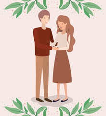 lovers couple with leafs crown characters