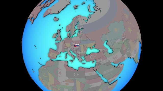 Closing in on Slovakia with embedded national flag on blue political 3D globe. 3D illustration.