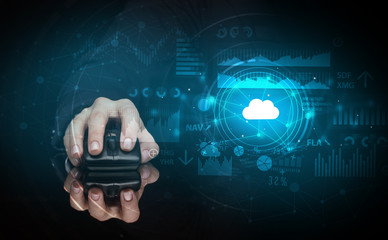 Hand using wireless mouse with cloud technology concept and dark background