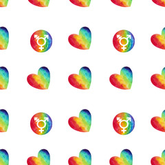 Hand drawn seamless pattern with lgbt rainbow symbols in watercolor
