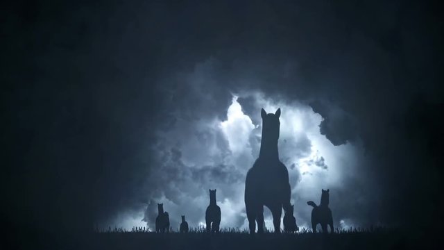 Herd of Horses Running to Camera Under an Epic Lightning Storm