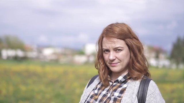 Woman Enjoying Spring in the fields Real People, slow motion video