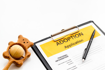 Application to adopt child with toy on white background