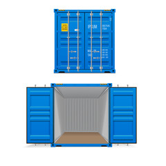 Realistic set of bright blue cargo containers.   Open and closed.