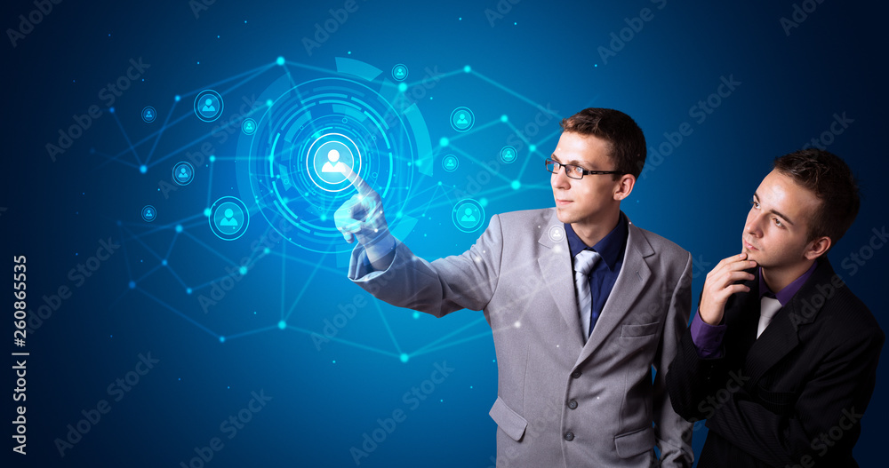 Poster Man touching hologram screen displaying keys and locks