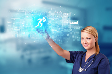 Doctor touching hologram screen displaying healthcare running symbols
