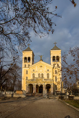 Fototapeta premium Sunset view of The Roman Catholic church Most holy Heart of Jesus in town of Rakovski, Bulgaria