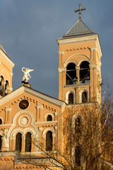 Sunset view of The Roman Catholic church of St Michael the Archangel in town of Rakovski, Bulgaria