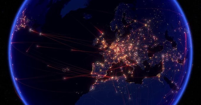 Global communications through the network of connections from Europe to America. Concept of internet, social media, traveling. High resolution texture of city lights. 4k.