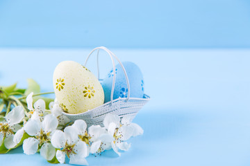 Two painted yellow and blue Easter eggs in basket with white spring cherry flowers on light blue background