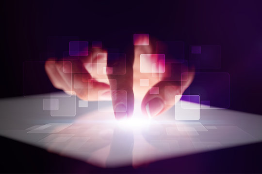 Finger touching tablet with identification concept and dark background