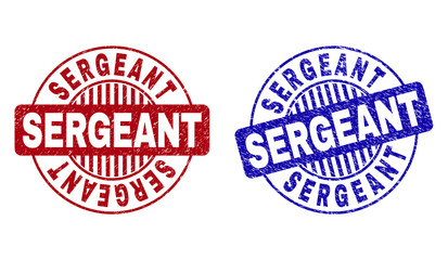 Grunge SERGEANT round stamp seals isolated on a white background. Round seals with distress texture in red and blue colors. Vector rubber imprint of SERGEANT caption inside circle form with stripes.