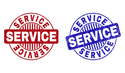 Grunge SERVICE round stamp seals isolated on a white background. Round seals with grunge texture in red and blue colors. Vector rubber overlay of SERVICE caption inside circle form with stripes.