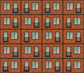 Building facade seamless pattern. Brickwall of building with windows and balconies.