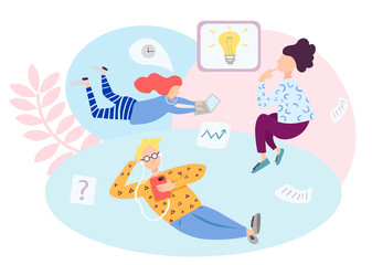 Co-working space, concept vector illustration. Young people work together using modern technology. Man and women in the team generate new ideas and solve business problems.