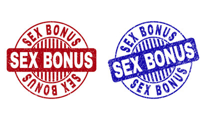 Grunge SEX BONUS round stamp seals isolated on a white background. Round seals with distress texture in red and blue colors. Vector rubber overlay of SEX BONUS title inside circle form with stripes.