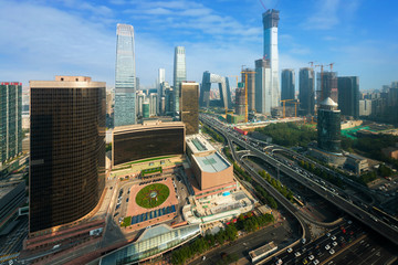 Fototapeta premium Beijing, China modern financial district skyline on a nice day with blue sky