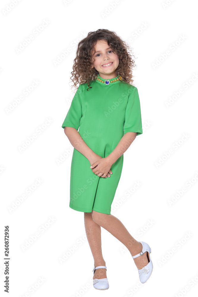 Sticker portrait of cute little girl posing in green dress isolated