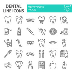Dental line icon set, dentistry symbols collection, vector sketches, logo illustrations, tooth signs linear pictograms package isolated on white background.