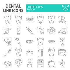 Dental thin line icon set, dentistry symbols collection, vector sketches, logo illustrations, tooth signs linear pictograms package isolated on white background.