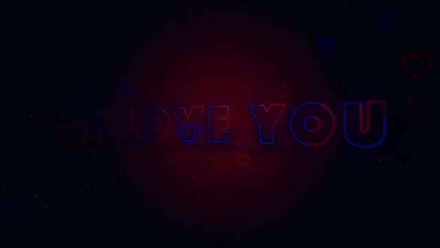 I Love You. Little hearts are on dark background with sparks. Conceptual backgroud. Turning and zooming lettering. Action. Animation. 3D. 4K.