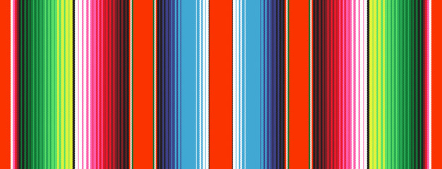 Red Green Blue Mexican Blanket Serape Stripes Seamless Vector Pattern. Rug Texture with Threads. Background for Cinco de Mayo Party Decor or Mexican Food Restaurant Menu. Pattern Tile Swatch Included