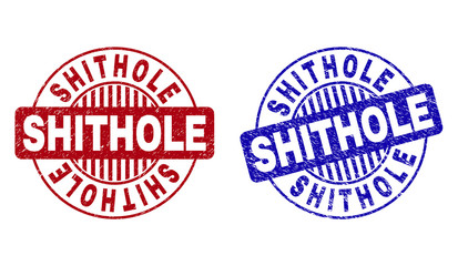 Grunge SHITHOLE round stamps isolated on a white background. Round seals with grunge texture in red and blue colors. Vector rubber overlay of SHITHOLE text inside circle form with stripes.