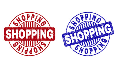 Grunge SHOPPING round stamp seals isolated on a white background. Round seals with grunge texture in red and blue colors. Vector rubber imitation of SHOPPING caption inside circle form with stripes.