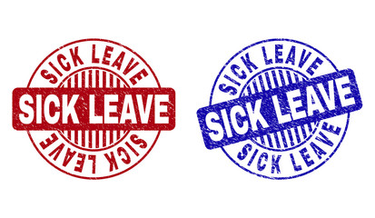 Grunge SICK LEAVE round stamp seals isolated on a white background. Round seals with grunge texture in red and blue colors. Vector rubber imprint of SICK LEAVE label inside circle form with stripes.