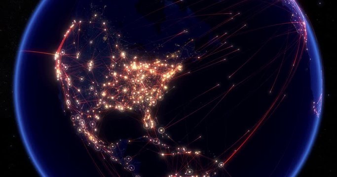 Global communications through the network of connections from America to Europe. Concept of internet, social media, traveling. High resolution texture of city lights.