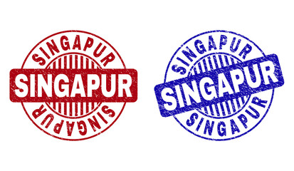 Grunge SINGAPUR round stamp seals isolated on a white background. Round seals with grunge texture in red and blue colors. Vector rubber imitation of SINGAPUR tag inside circle form with stripes.