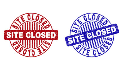 Grunge SITE CLOSED round stamp seals isolated on a white background. Round seals with grunge texture in red and blue colors.