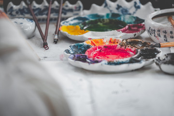 Chinese calligraphy and painting tools with stationery.