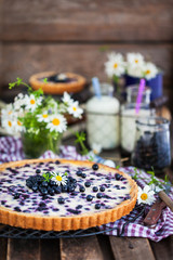 Fresh homemade creamy blueberry tart (open pie) on rustic background