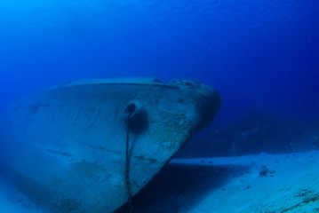 The bow of the sunken shipwreck of the Kittiwake. The wreck lies in the Caribbean sea near Grand...