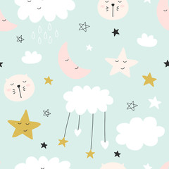 Cute seamless pattern for kids, baby apparel, fabric, textile, wallpaper, bedding, swaddles with stars, clouds, hearts, moon