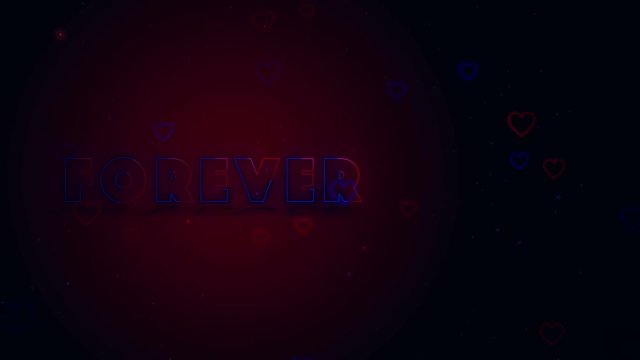 Forever together. Little hearts are on dark background with sparks. Conceptual neon backgroud. Appearing and disappearing lettering. Turning. Left allocation. Action. Animation. 3D. 4K.