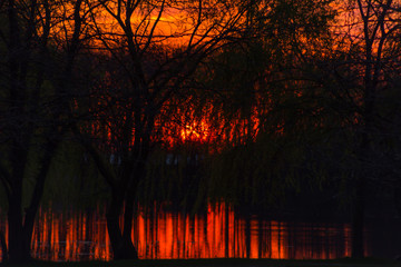 Red fiery sunset on pictorial landscape with trees that are reflected in river under boundless dark red evening sky