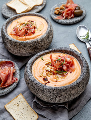 Spanish cold tomato soup Salmorejo. Traditional tomato soup with white bread and olive oil.