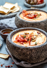 Spanish cold tomato soup Salmorejo. Traditional tomato soup with white bread and olive oil.