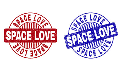 Grunge SPACE LOVE round stamp seals isolated on a white background. Round seals with grunge texture in red and blue colors. Vector rubber imprint of SPACE LOVE tag inside circle form with stripes.