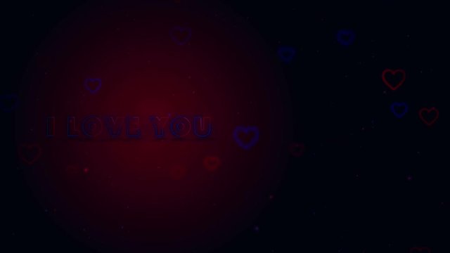 I Love You. Little hearts are on dark background with sparks. Conceptual backgroud. Appearing and disappearing lettering. Zooming. Left allocation. Action. Animation. 3D. 4K.