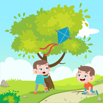 kids play kite vector illustration